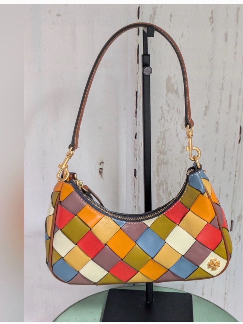 Tory Burch Patchwork Woven Leather 151 Small Crescent Handbag- 3 Carry Options - Picture 4 of 10